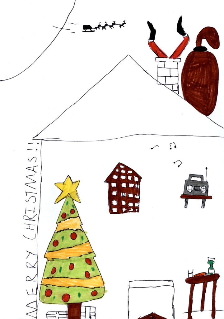 Merry Christmas drawing with Santa stuck in a chimney above a room with a christmas tree and music playing